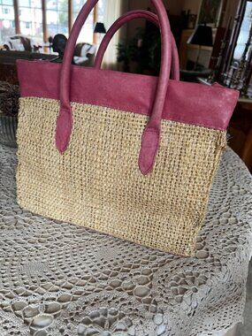 Natural WovenStraw Handbag, Rose Sueded Leather Trim, Handles &Base, Guadalajara